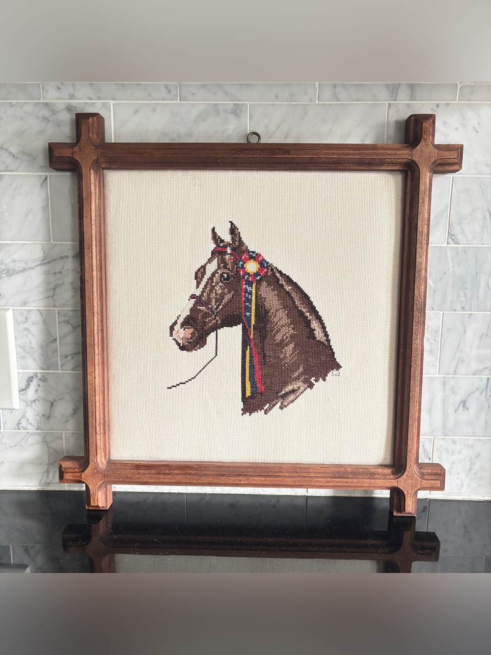 Vintage Framed Equestrian Horse Portrait Cross Stitch Embroidered Art